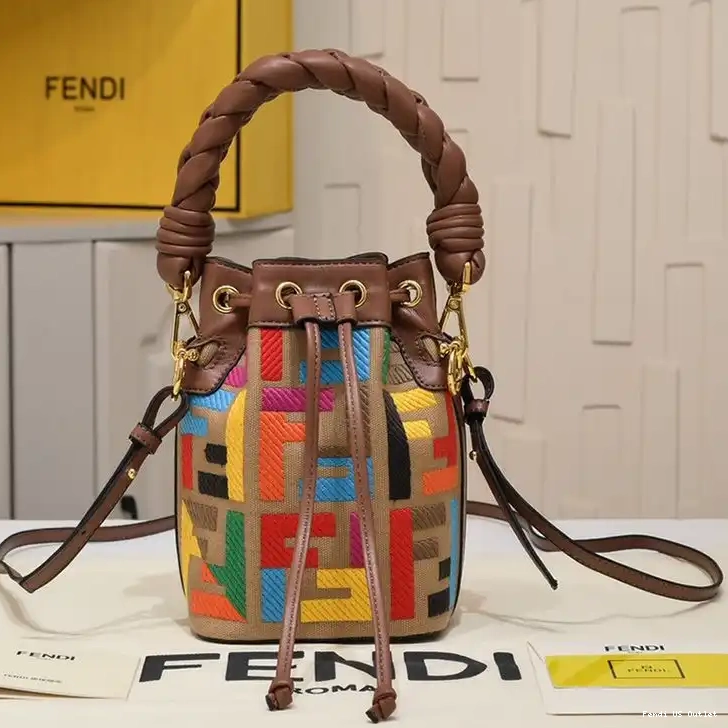 Affordable HOT Motif with Brown Mini Tresor Canvas Fendi In Woven Bucket Bag Handle Mon FF 0528